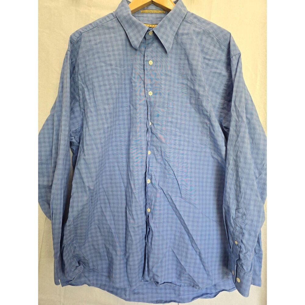 Joseph Abboud Men's Blue Checkered Dress Shirt 17.5 34/35 Long Sleeve Button-Dow